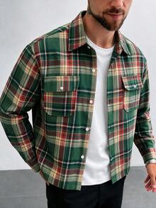 Modcrash Mens Green Plaid Workwear Shirt, Button Up Long Sleeve Top With Chest Pockets, Business Casual Commute Shirt - Multicolor - View 5
