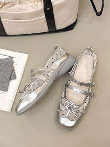 Women's Breathable Square Toe Thick Sole Mary Jane Shoes, Double Buckle Bow, Silver Sweet Cool Girl Spring Summer Versatile Shoes - Silver - View 5