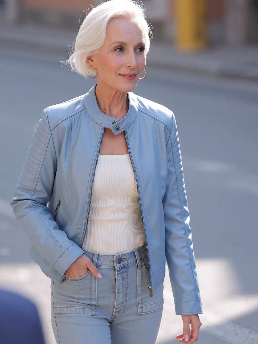 Women's Spring And Autumn Fitted Biker Jacket Four Seasons Autumn And Winter Simple Casual Jacket With Pockets Zip - Baby Blue - View 1