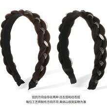 Wig Headband With Rhinestones And Pearls, Fishbone Braided Hair Accessory To Cover Hair Part And Add Volume - Black - View 3