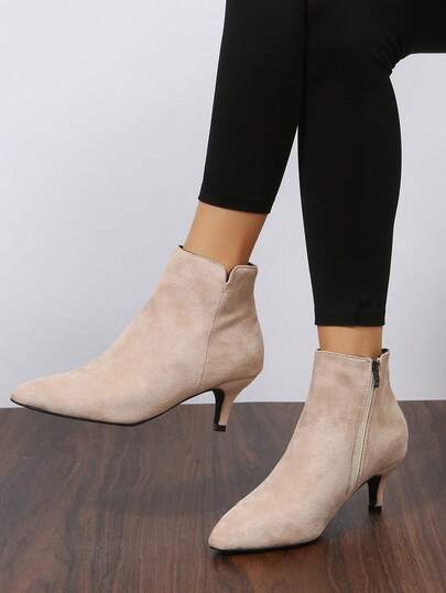Autumn/Winter New Fashion Versatile Beige Velvet Pointed Toe Stiletto Heel Side Zipper Ankle Boots