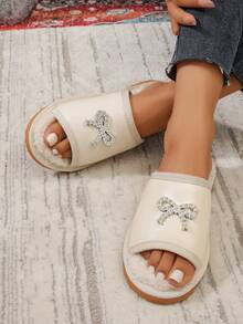 Light Luxury Girly Style Plush Slippers With Shiny Rhinestone Bow, Fluffy Plush Lining, Soft And Comfortable For Home, Hosting, And Outdoor Wear, Women's Slides - White - View 2