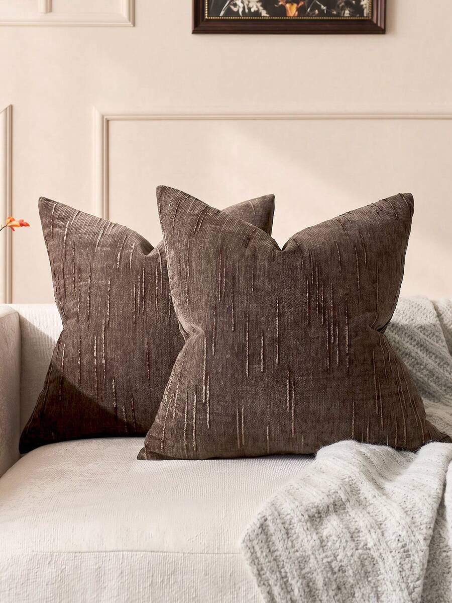 1/2pcs Vintage Striped Throw Pillow Cover, 100% Polyester Woven Zippered Pillow Sham, Machine Washable, Geometric Pattern Decorative Cushion Cover For Sofa, Bed, Dining Room, Home Office, Coffee Brown - Coffee Brown - View 1