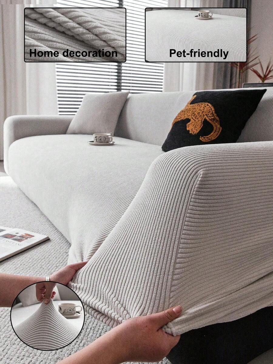 1pc Plush Velvet Stretch Sofa Cover, Pet-Friendly Non-Slip , Machine Washable Colorfast, Holiday Decor Adds Ambiance Protects Sofa, Fits 1/2/3/4 Seater Sofa, Comes With Anti-Slip Stick - Light Grey - View 1