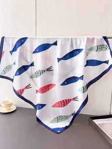 1 Pc Fashion Korean Style Cartoon Fun Fish Women's Imitation Silk Scarf Hair Versatile Square Bandana Sunscreen Shawl For Daily Vacation Decor Ribbon. - White - View 2