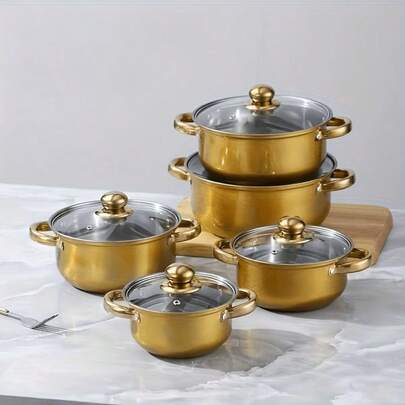 5-Piece Gold Cookware Set. Tempered Glass Lids, Multi-Size Stew Pots. Kitchen Essential