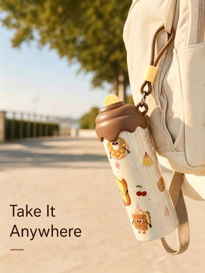 1pc 600ml Ice Cream Shaped Stainless Steel Insulated Water Bottle With Hand Strap, Suitable For Travel Cup, Fitness And Outdoor Sports Cup, Flat Bottom Cup, Car Cup, Seasonal Drink Set, Holiday Gift, Birthday Gift. Suitable For Bicycle, Backpack, Office Or Car, School, Party, Camping.