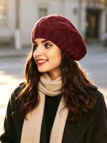 Women Cable Knit Beret Hat, Warm Solid Color Slouchy Beanie, Fall Winter Soft Knitted Cap - Multicolor - View 4