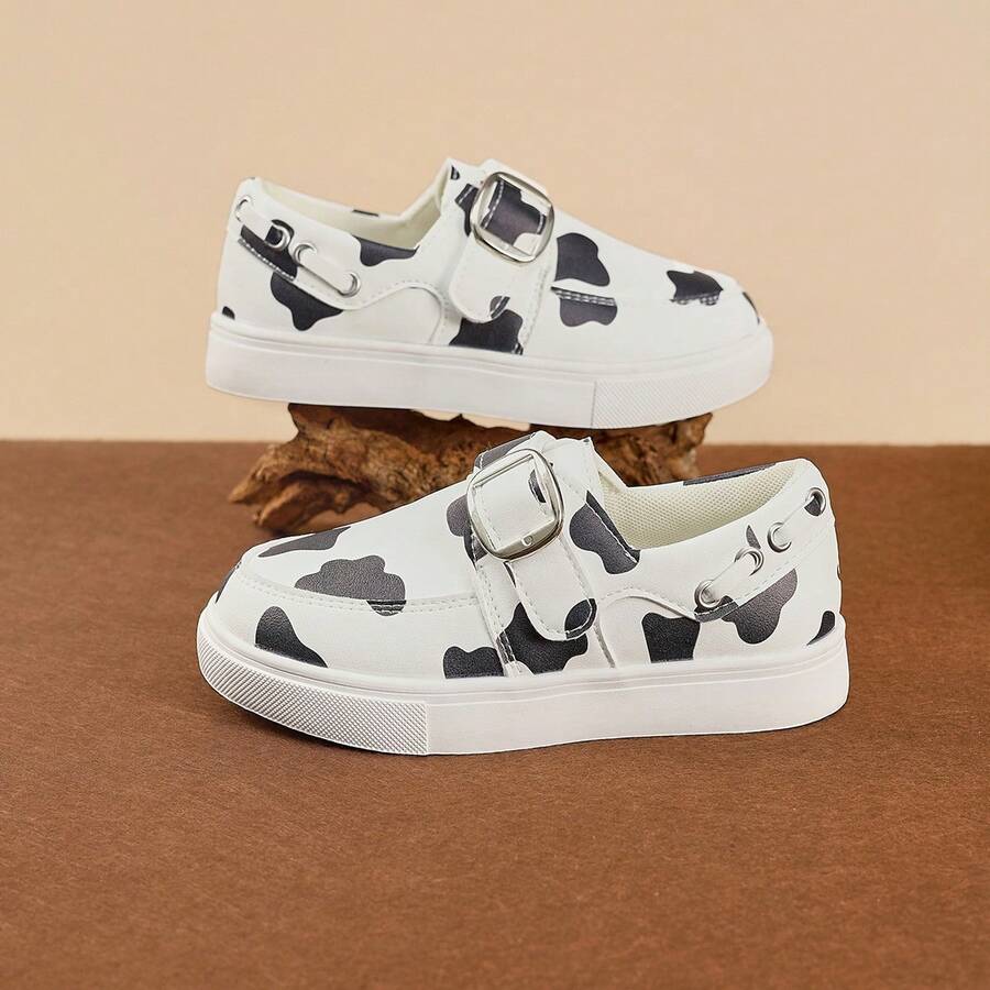 Children's Cow Print Casual Sneakers, Unisex Kids' Hook And Loop Hook And Loop Flat Canvas Shoes, Lightweight Non-Slip Slip-On Shoes For Spring And Autumn - Black and White - View 1