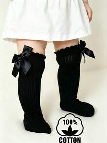 1 Pair Cotton Kids Striped Mid-Calf Socks, Children Bow Knee High Socks With Ribbed Cuff - Black - View 1
