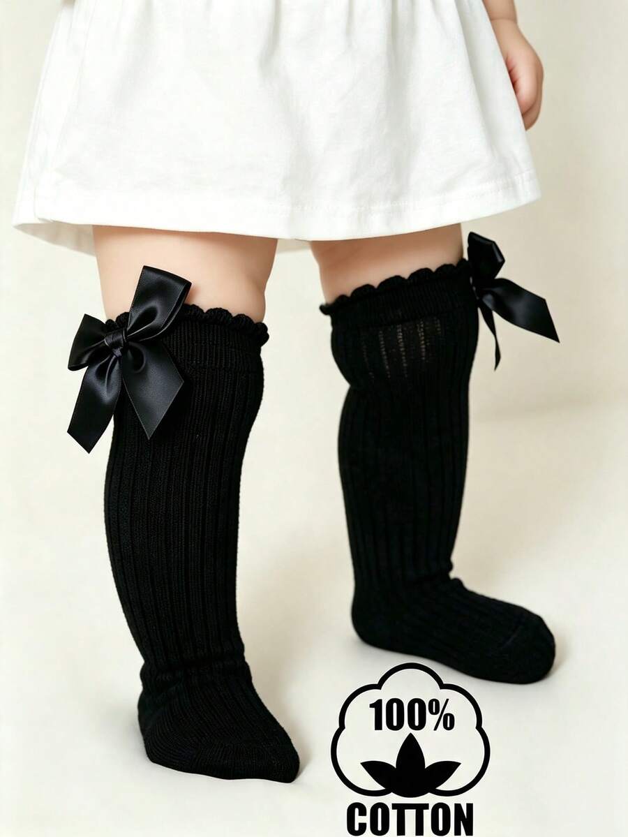 1 Pair Cotton Kids Striped Mid-Calf Socks, Children Bow Knee High Socks With Ribbed Cuff - Black - View 1