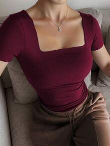 Casual Elegant Short Sleeve Square Neck Top, Suitable For Daily Wear, Commuting, Going Out, Spring/Summer - Plum Color - View 3