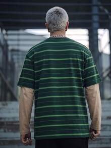 Simple Studio | Dark Green With Bright Green Horizontal Stripes 2 In 1 Off-White Patchwork Long Sleeve T-Shirt Men's Vintage Layered Loose Fit Base Top - Dark Green - View 2