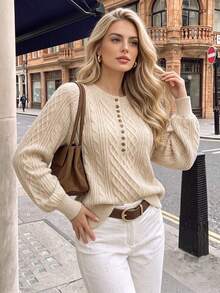 Nicenter Women's Fall-Winter Beige Casual Cable Knit Crew Neck Half Button Long Sleeve Loose Pullover Sweaters Tops Daily Fall Outfit - Apricot - View 7