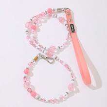 Pet Pink Faux Pearl Ball Steel Wire Rope Beaded Leash, Handmade Beaded Leash - Pink - View 2
