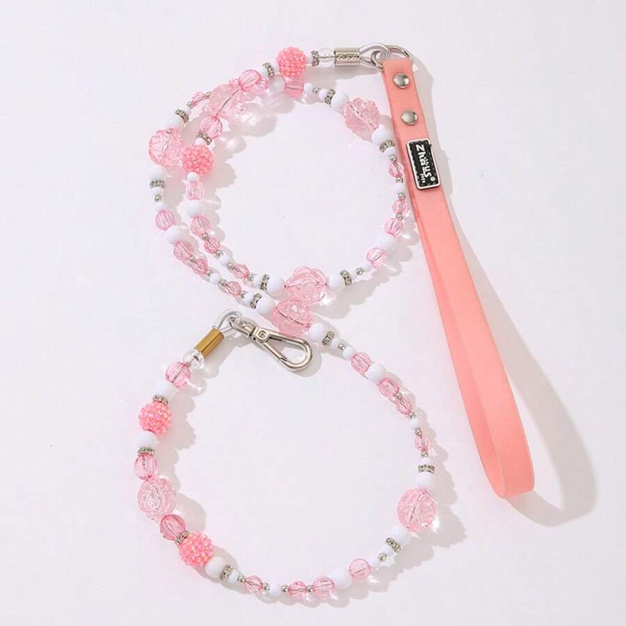 Pet Pink Faux Pearl Ball Steel Wire Rope Beaded Leash, Handmade Beaded Leash
