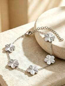 VceTd 1 Set Elegant Style Stainless Steel Women's Jewelry Set With Four-Leaf Clover Element, Suitable For Fashionable Outfit Wear - Silver - View 6