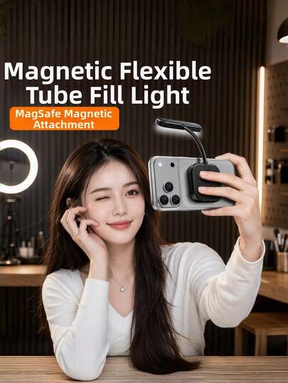 1 pieza Luz de relleno para teléfono con manguera flexible magnética, rotación de 360°, recargable, regulable en intensidad y temperatura de color, color negro, luz de lectura, adecuada para selfie, vlog, transmisión en vivo, dormitorio, viajes, accesorio de iluminación portátil para fotografía