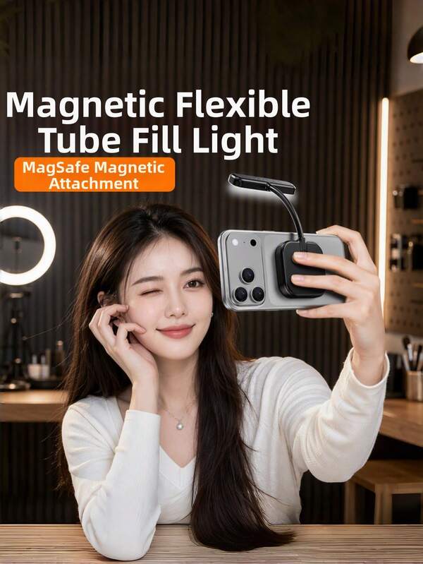 1 pieza Luz de relleno para teléfono con manguera flexible magnética, rotación de 360°, recargable, regulable en intensidad y temperatura de color, color negro, luz de lectura, adecuada para selfie, vlog, transmisión en vivo, dormitorio, viajes, accesorio de iluminación portátil para fotografía
