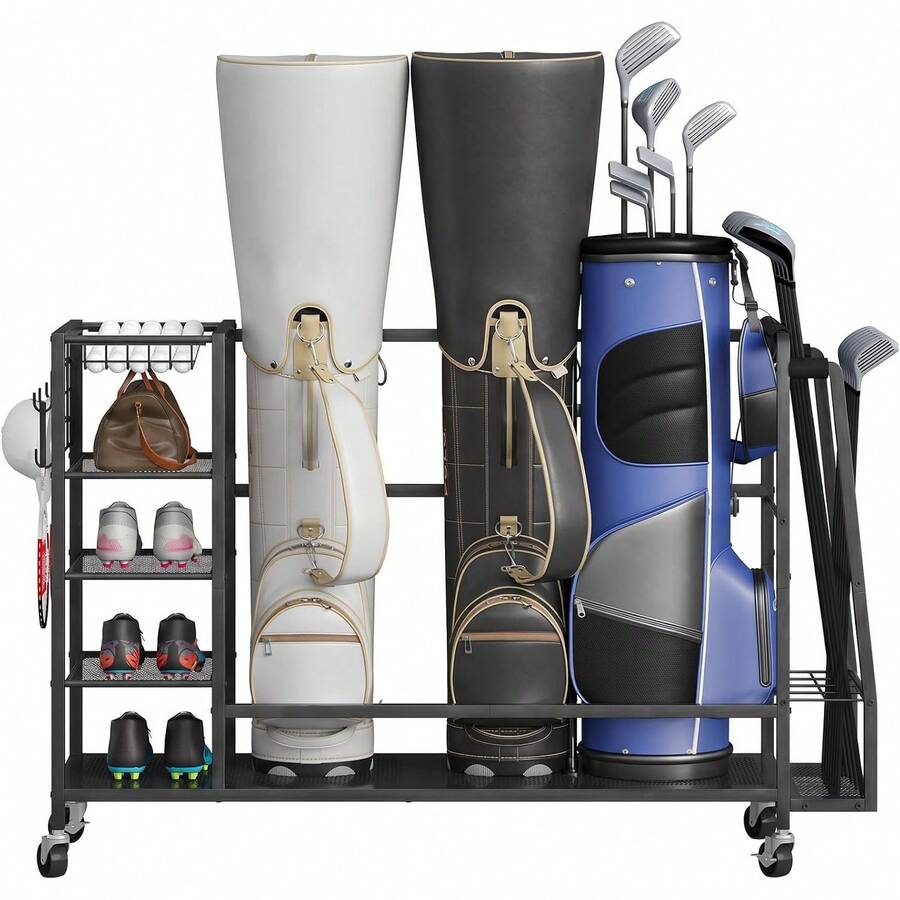 Heavy Duty Golf Bag Storage Organizer Stand For Garage, Rolling Sports Equipment Display Rack With Club Holder Shelves, Mobile Freestanding Metal Storage Holder, Black, 1 Piece - 55.7"L X 11.8"W X 33.5"H - View 1