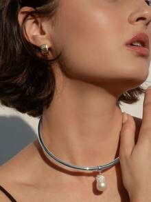 outingfit New Irregular Pearl Pendant Choker Necklace, Fashion Adjustable Metal Open Collar Necklace - Silver - View 1