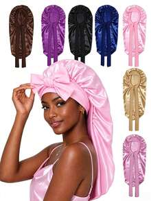 1pc Long Satin Silk Sleep Cap, Suitable For Long Hair Braiding, Reusable Adjustable Women's Hair Protection Sleep Cap - Multicolor - View 1