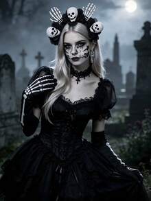 1 Set Halloween Ghost Bride Costume, Includes Skull Headpiece, Skeleton Gloves, Earrings, Halloween Decorations, Party Props And Photo Props - Multicolor - View 3