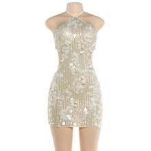 SYchuan Women's Fashion Sleeveless Halter Neck Fitted Mini Dress, Shiny Sequin Decor, Sexy Backless Design, Suitable For Holiday Events - Apricot - View 12