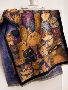1pc Autumn/Winter New Youthful Cartoon Cat Pattern Faux Cashmere Jacquard Scarf For Women, Cute Soft Tassel Shawl, Warm Windproof Neck Warmer, Soft Skin-Friendly, Suitable For Holiday Gift Matching - Royal Blue - View 11