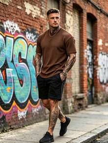 Men's Solid Color Waffle Knit Texture T-Shirt, Round Neck Drop Shoulder Loose Fit Short Sleeve Casual Top, Suitable For Summer Outdoor Wear - Coffee Brown - View 3