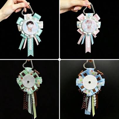 1pc Badge Decorated Flower Brooch Pin Keychain, Bag Charm Pendant, Ita Bag Decoration Accessory, Ribbon Lace Badge Display Accessory, Idol Decoration, Gift Accessory, Handmade Bow, Collectible Ribbon Fabric, Support Memorial Theme Festival Decoration Pendant