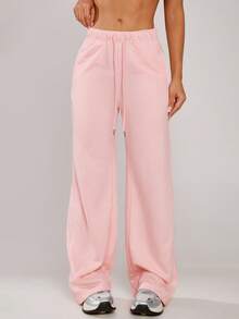 Women's Fall Winter Pink Loose Straight Leg Pants With Pockets Solid Casual Pants For Daily Date Wear - Pink - View 6
