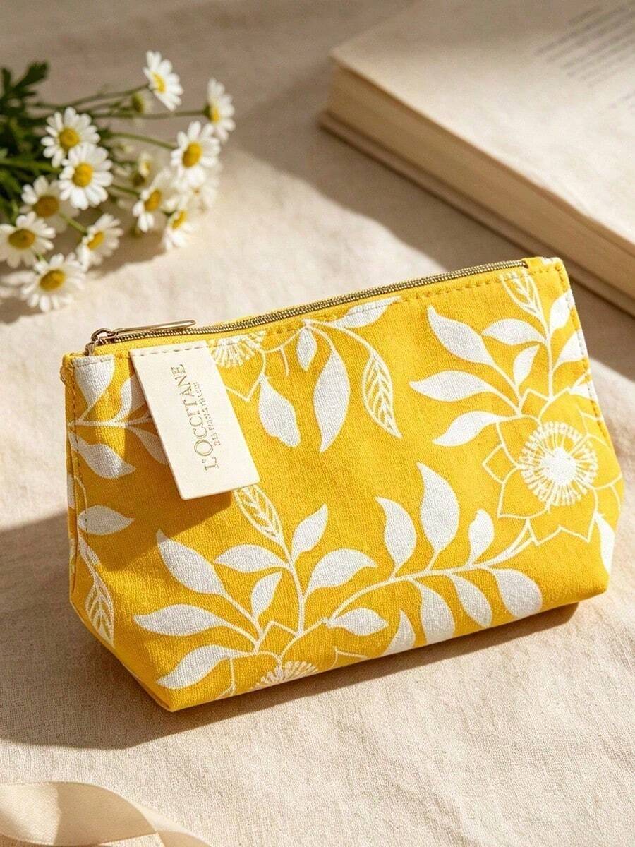 L'Occitane 亮黃底色白色花卉印花帆布化妝包 拉鍊便攜旅行彩妝收納袋 日用度假生日節日禮物 LOCCITANE-GIFT-27 - 薑色 - 查看 1