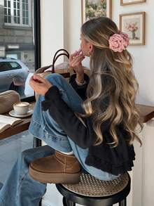Senya Chic Kardigan Rajut Lengan Panjang Hitam, Kancing Depan, Trim Ruffle, Atasan Sweater Lembut, Pakaian Luar Kasual Musim Gugur/Dingin - Hitam - View 1