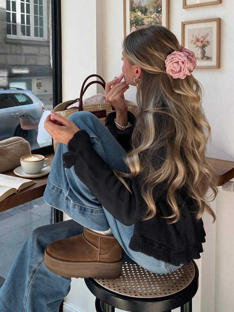 Senya Chic Kardigan Rajut Lengan Panjang Hitam, Kancing Depan, Trim Ruffle, Atasan Sweater Lembut, Pakaian Luar Kasual Musim Gugur/Dingin - Hitam - View 1