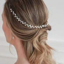 Bridal Wedding Handmade Pearl & Crystal Soft Chain Headband With White Tulle Ribbon Hair Accessory - White - View 3
