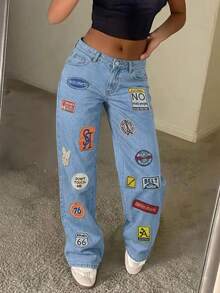 Quần jean denim ống rộng dài phong cách Y2K dáng suông rộng kiểu boyfriend, streetwear thường ngày, màu wash, có túi, dành cho nữ - Rửa nhẹ - Xem 2