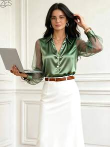 1 pieza Blusa elegante de manga larga con parche de malla y botones delanteros de satén de unicolor, adecuada para oficina, vacaciones, hogar, uso diario, festivales, primavera y todas las estaciones - Verde - Ver 2