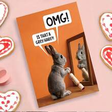 1/3sets Bright Orange Background Cartoon Rabbit Mirror Joke Birthday Cards,"OMG Is That A Grey Hare"Cute Grey Bunny Holding Party Cracker Design,A Wonderful Birthday Gift For Friends, And Colleagues. A Cute Birthday Card, Perfect For Animal Lovers - A - View 7