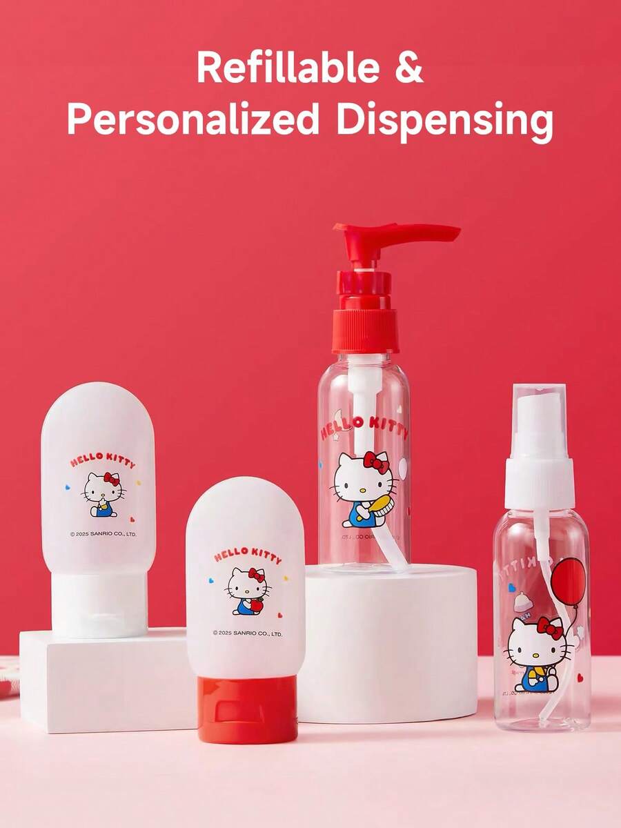 MINISO Sanrio Hello Kitty 4-Piece Travel Refillable Bottle Set, Portable Flip-Top Cosmetic Dispenser Bottles, Leak-Proof Empty Travel Bottles, Suitable For Lotion, Shampoo And Travel Cosmetic Samples - 4 Pieces - View 1