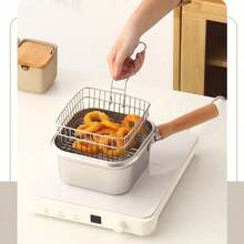Square Deep Fryer With Frying Basket, Wooden Handle Stainless Steel Mini Fryer, Detachable Handheld Basket Design, Multi-Functional Deep Mini Fryer, Oil-Saving Small Fryer, Suitable For Frying Onion Rings, French Fries, Chicken Nuggets, Snacks, Compatible With Induction Cooktop And Open Flame, Home Kitchen Frying Tool, Oil Filtration Integrated Pot, Portable Small Deep Fryer, Kitchen Frying Cooking Tool, Family Fried Chicken, Fried Shrimp, Fried Food Dedicated Cookware - View 9
