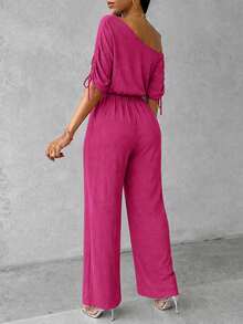 Women's Oblique Neck Drawstring Cuff Elastic Waist Loose Wide Leg Jumpsuit, Casual Elegant Suitable For Daily, Office, Party Wear Summer - Hot Pink - View 2