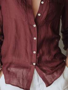 Early Autumn Brightening Solid Color Lightweight Breathable Shirt Design With Double Patch Pockets, Turn-Down Collar, Cardigan Style, Commute Casual Draping Blouse - Burgundy - View 4