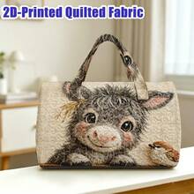 1pc Beige Quilted Cylindrical Handbag With Small Donkey Sparrow Pattern, Rural Farm Gift, Thanksgiving Rural Farm Decoration Series, Thanksgiving Gift - Multicolor - View 7