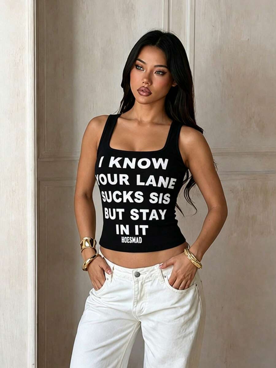Onicee Women's Summer Casual Ribbed Short Sleeve Top With English Letter Print