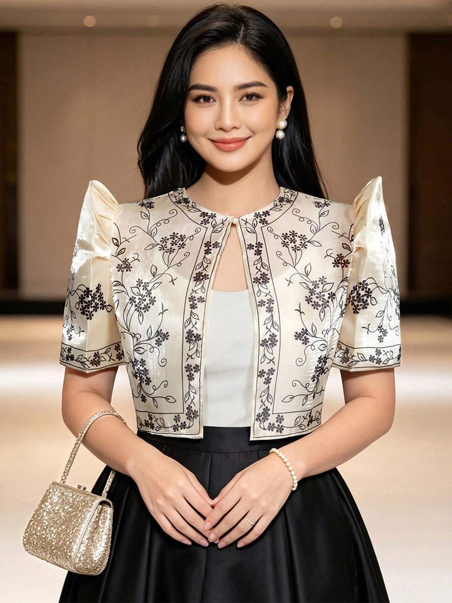 1件現代菲律賓風蝴蝶袖上衣,女款鈕扣短袖開襟襯衫,適合晚宴約會、婚禮、大學穿著 - 香檳色 - 查看 1