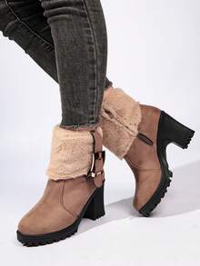 Women's Winter Thermal-Lined Ankle Boots, Brown Suede Fur Trim Buckle Chunky Heel Thick Sole Snow Boots, Side Zipper Design Commuter Versatile Women's Shoes - Apricot - View 7