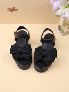 1 Pair Black Girls' Spring/Summer Thick Sole Casual Sandals + Large Bow Decor Hook & Loop Design Versatile Open Toe Sandals For Outdoor / Vacation 2026 New Style - Black - View 6
