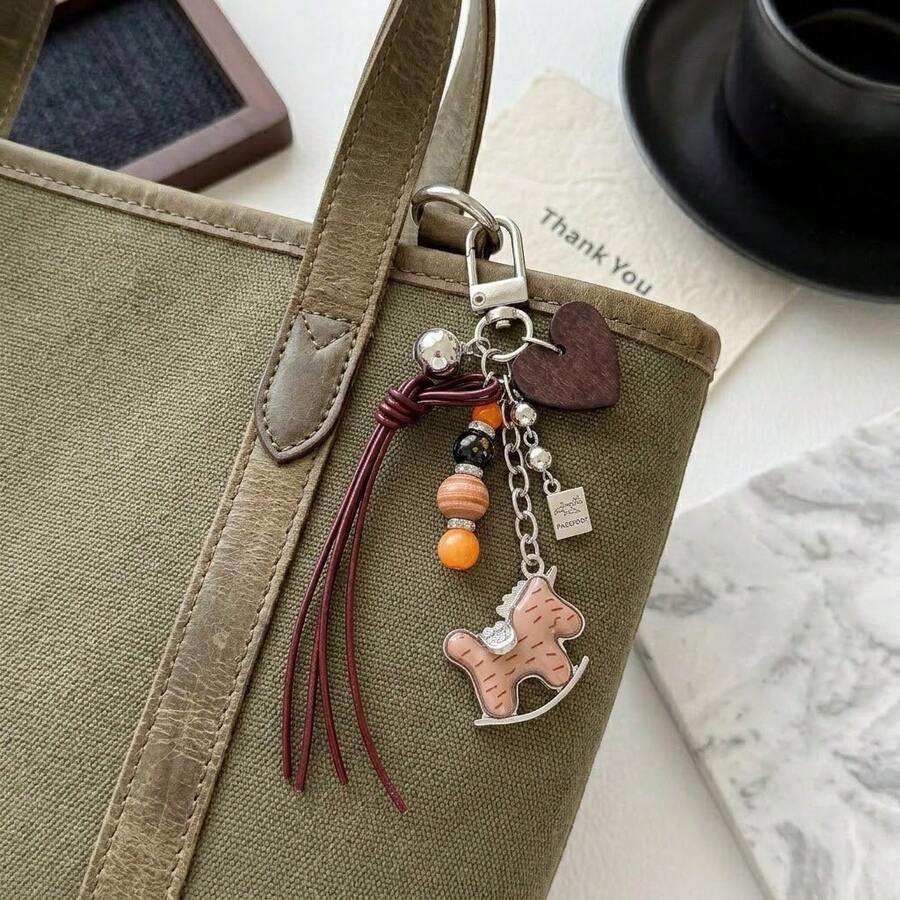 Vintage Rocking Horse Heart Keychain, Handmade Beaded Leather Cord Bag Charm, Retro Heart Pendant, Handbag Backpack Accessory, Gift - Multicolor - View 1