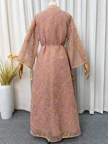 女款亮片刺繡缺口領洋裝，優雅時尚長袖A字裙，適合派對婚禮賓客，女款伊斯蘭服飾，四季可穿 - 珊瑚粉 - 查看 7